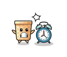 Cartoon of waffle cone is surprised with a giant alarm clock vector