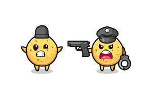 Ilustración de ladrón de papas fritas con pose de manos arriba capturado por la policía vector