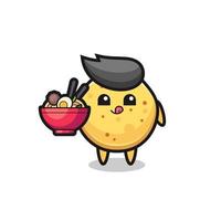 cute potato chip character eating noodles vector