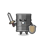 cute oil drum soldier fighting with sword and shield vector