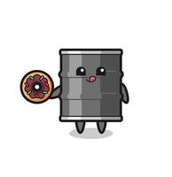 illustration of an oil drum character eating a doughnut vector