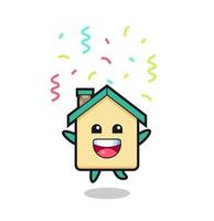mascota de la casa feliz saltando de felicitación con confeti de colores vector