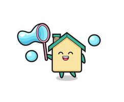 happy house cartoon playing soap bubble vector