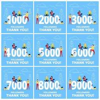 Thank you 1-9k followers numbers postcard set. People man, woman big numbers flat style design thanks vector illustration isolated on blue background. Template for internet media and social network.