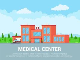 Hospital building text space, cloudy sky and trees behind. vector