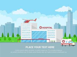 Hospital building text space, cloudy sky and trees behind. vector
