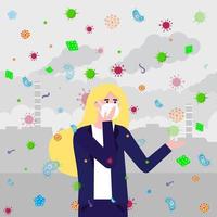 The woman in mask, bacterias and viruses fly because infection transmitted by air. Mask as protection against bacterias and viruses concept flat style vector illustration with factory behind.