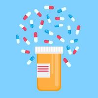 Pill bottle for capsules arounded pills flat style design vector illustration. Medical container jar for tablet and medicine isolated on light blue background