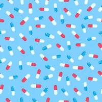 Seamless pattern with pills capsules chaotic version flat style design vector illustration isolated on light blue background. Red and blue pills backdrop seamless background template.