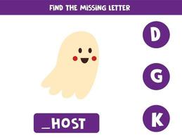 Find missing letter with Halloween ghost. Spelling worksheet. vector