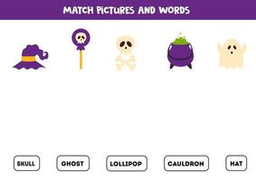 Matching Halloween objects and words. Educational game for kids. vector