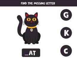 Find missing letter with cute black cat. Spelling worksheet. vector