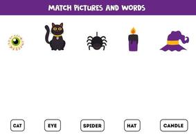 Matching Halloween objects and words. Educational game for kids. vector