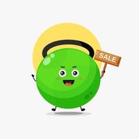 Cute fitness kettlebell character with sale sign vector