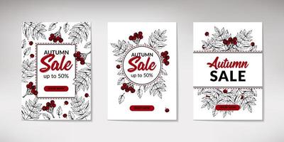 Set of hand drawn autumn sale banners with leaves. Vertical autumn design with space for text. Vector illustration