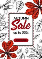 Banner de venta de otoño dibujado a mano con hermosas hojas. diseño de otoño vertical con espacio para texto. ilustración vectorial vector