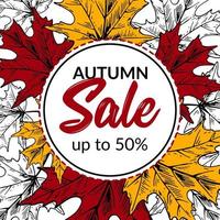 Hand drawn autumn sale banner with beautiful leaves. Square autumn design with space for text. Vector illustration