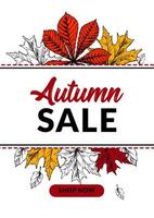 Hand drawn autumn sale banner with beautiful leaves. Vertical autumn design with space for text. Vector illustration