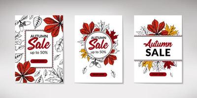 Set of hand drawn autumn sale banners with leaves. Vertical autumn design with space for text. Vector illustration