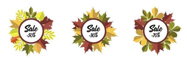 Pack of autumn sale circle labels with colorful leaves isolated on white background. Vector illustration