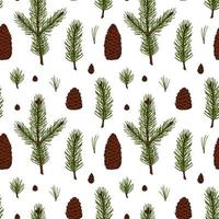 Hand drawn forest and Christmas seamless pattern with fir tree branches and cones isolated on white background. Vector illustration in colored sketch style