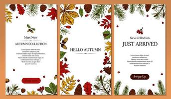 Set of vertical social network stories templates with hand drawn elements. Autumn design for banners, cards, announcements, newsletters in colored sketch style. Vector illustration. Space for text