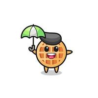 cute circle waffle illustration holding an umbrella vector