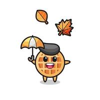 cartoon of the cute circle waffle holding an umbrella in autumn vector