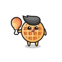 circle waffle cute mascot is eating a fried chicken vector