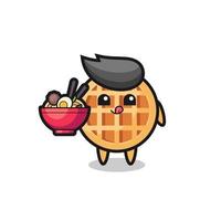 cute circle waffle character eating noodles vector