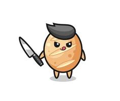 cute french bread mascot as a psychopath holding a knife vector