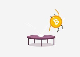 bitcoin cayendo sobre un trampolín. concepto de dibujos animados de criptomonedas. vector