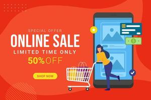 Online sale banner discount promotion with shopping cart vector