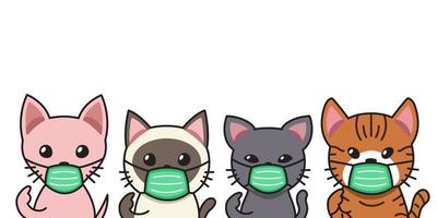 Set of cartoon cats wearing protective face masks vector