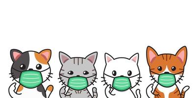 Set of vector cartoon character cats wearing protective face masks