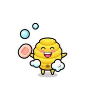 bee hive character is bathing while holding soap vector