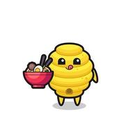 cute bee hive character eating noodles vector