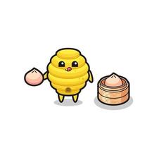 cute bee hive character eating steamed buns vector
