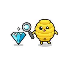 bee hive mascot is checking the authenticity of a diamond vector