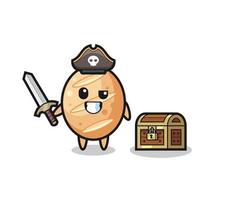 the french bread pirate character holding sword beside a treasure box vector