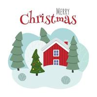 Winter scene with a red house, trees and a Christmas tree. Merry Christmas. vector