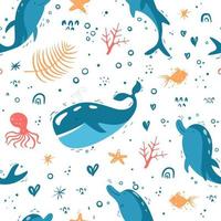 Vector seamless pattern with marine items. Sea set isolated on a white background. Whale, dolphins, octopus and coral.