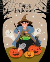 la bruja prepara una poción de araña en un gran caldero en el bosque. escena de halloween con una bruja, calabazas, fantasmas y un gato negro. vector