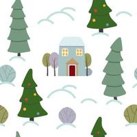 Winter pattern with house and christmas tree. Seamless vector pattern with winter forest.