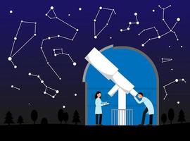 Vector illustration with observatory, night sky and constellations. Telescope in observatory. Astronomy. Scientists astronomers observe the stars.