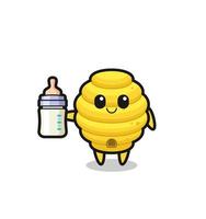 personaje de dibujos animados de la colmena de abeja bebé con botella de leche vector