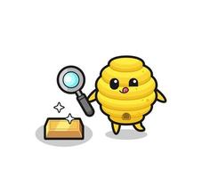 bee hive character is checking the authenticity of the gold bullion vector