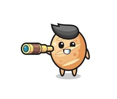 cute french bread character is holding an old telescope vector