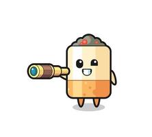 cute cigarette character is holding an old telescope vector