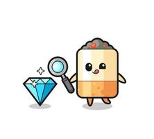 cigarette mascot is checking the authenticity of a diamond vector